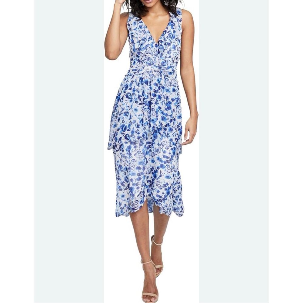 RACHEL Rachel Roy Blue White Floral High-Low Ruffle A-line Midi Dress Size 4